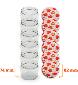 Cam Kavanoz ve Çilek Desenli Kavanoz Kapak Çeşitleri  - 6 Adet (330 ml - 82mm)