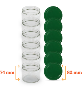 Cam Kavanoz ve Yeşil Renk Kavanoz Kapak Çeşitleri  - 6 Adet (330 ml - 82mm)