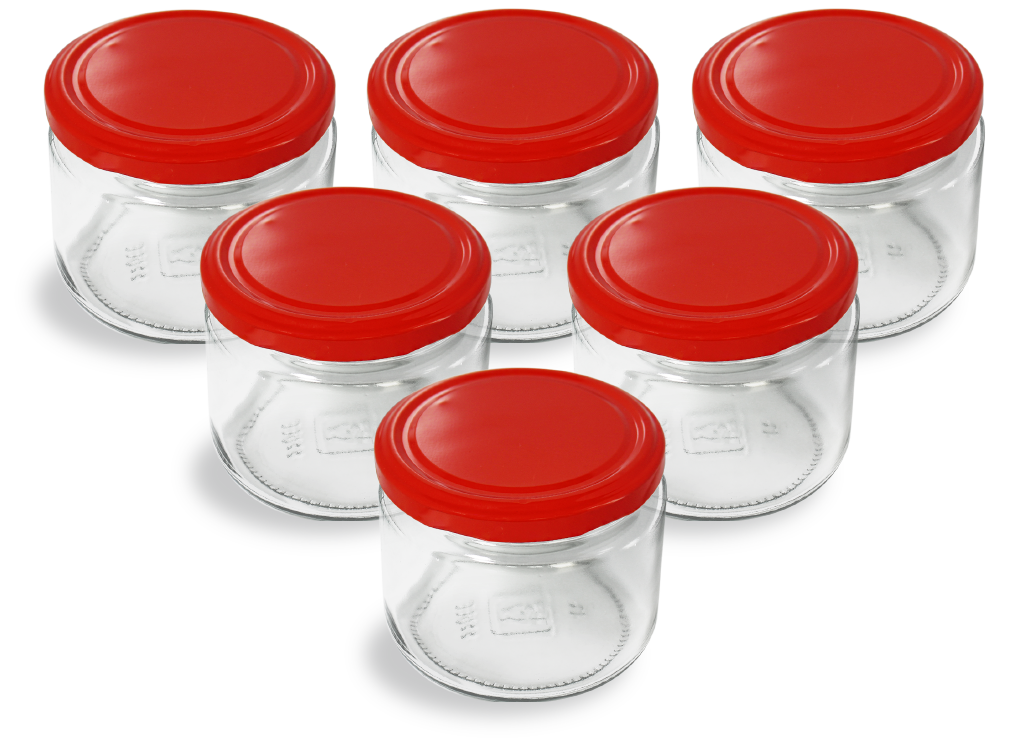 Cam Kavanoz ve Kırmızı Renk Kavanoz Kapak Çeşitleri  - 6 Adet (330 ml - 82mm)