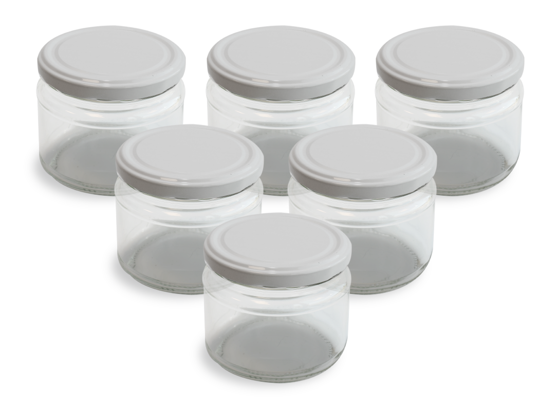Cam Kavanoz ve Beyaz Renk Kavanoz Kapak Çeşitleri  - 6 Adet (330 ml - 82mm)