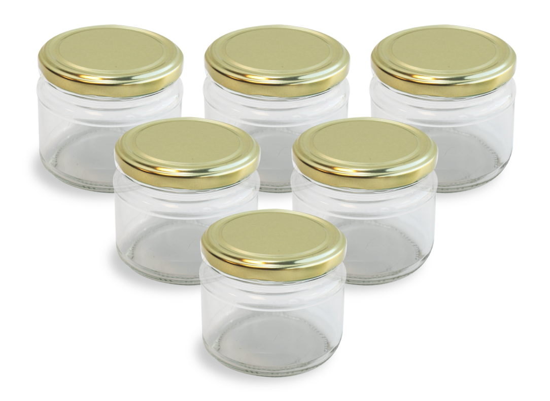 Cam Kavanoz ve Gold Renk Kavanoz Kapak Çeşitleri  - 6 Adet (330 ml - 82mm)