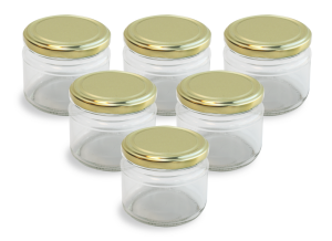 Cam Kavanoz ve Gold Renk Kavanoz Kapak Çeşitleri  - 6 Adet (330 ml - 82mm)