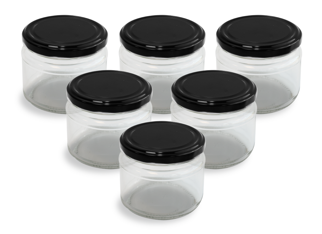 Cam Kavanoz ve Siyah Renk Kavanoz Kapak Çeşitleri  - 6 Adet (330 ml - 82mm)