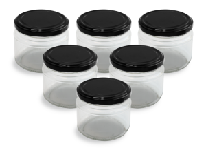 Cam Kavanoz ve Siyah Renk Kavanoz Kapak Çeşitleri  - 6 Adet (330 ml - 82mm)