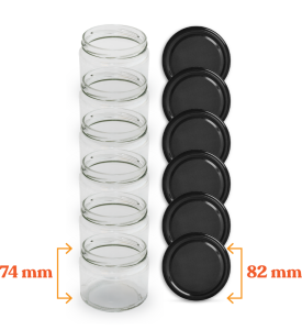 Cam Kavanoz ve Siyah Renk Kavanoz Kapak Çeşitleri  - 6 Adet (330 ml - 82mm)
